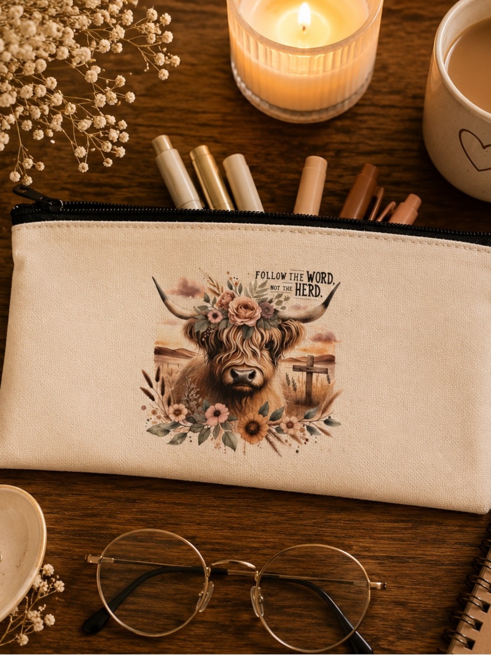 Canvas Cosmetic Bag with Floral Highland Cow Design - Cream